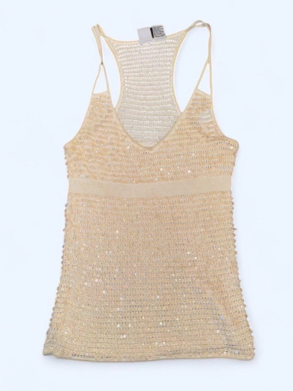 Y2K Women's Armani Exchange Cream Sequin Crochet-Knit Tank Top Going Out Top M